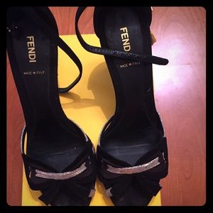 Fendi black heels with golden bow, size 8